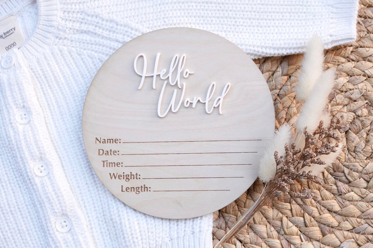 'Hello World' Birth Details Plaque - Plain