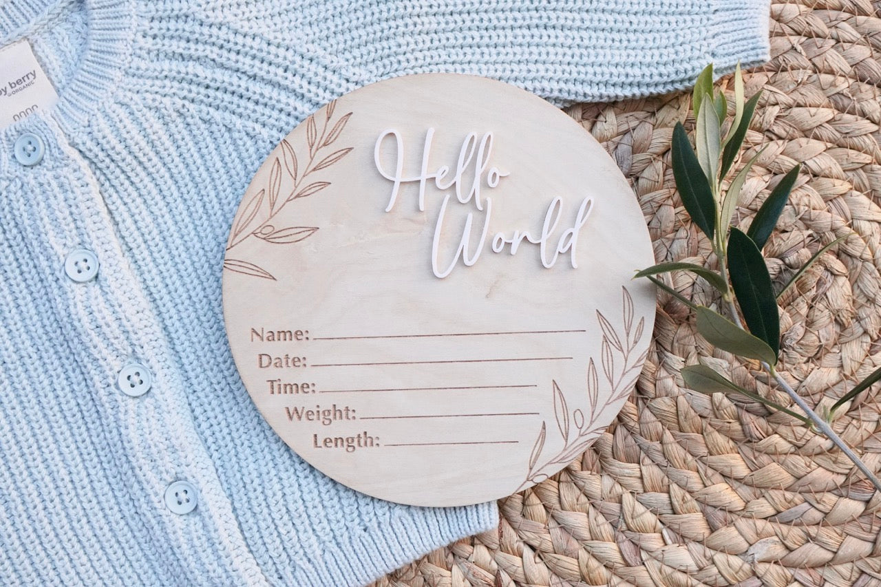 'Hello World' Birth Details Plaque - Olive Branch