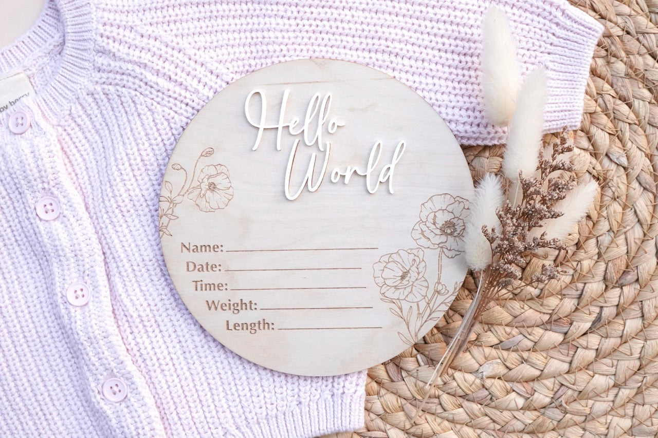 'Hello World' Birth Details Plaque - Flora