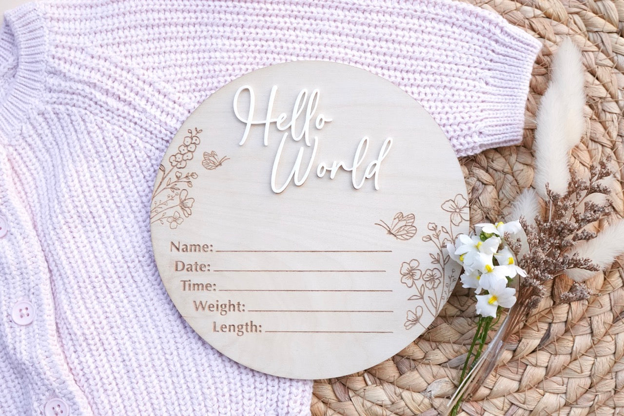 'Hello World' Birth Details Plaque - Botanical