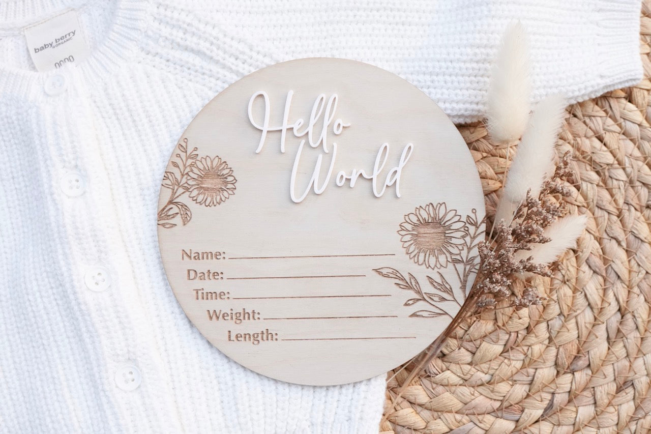 'Hello World' Birth Details Plaque - Sunflower